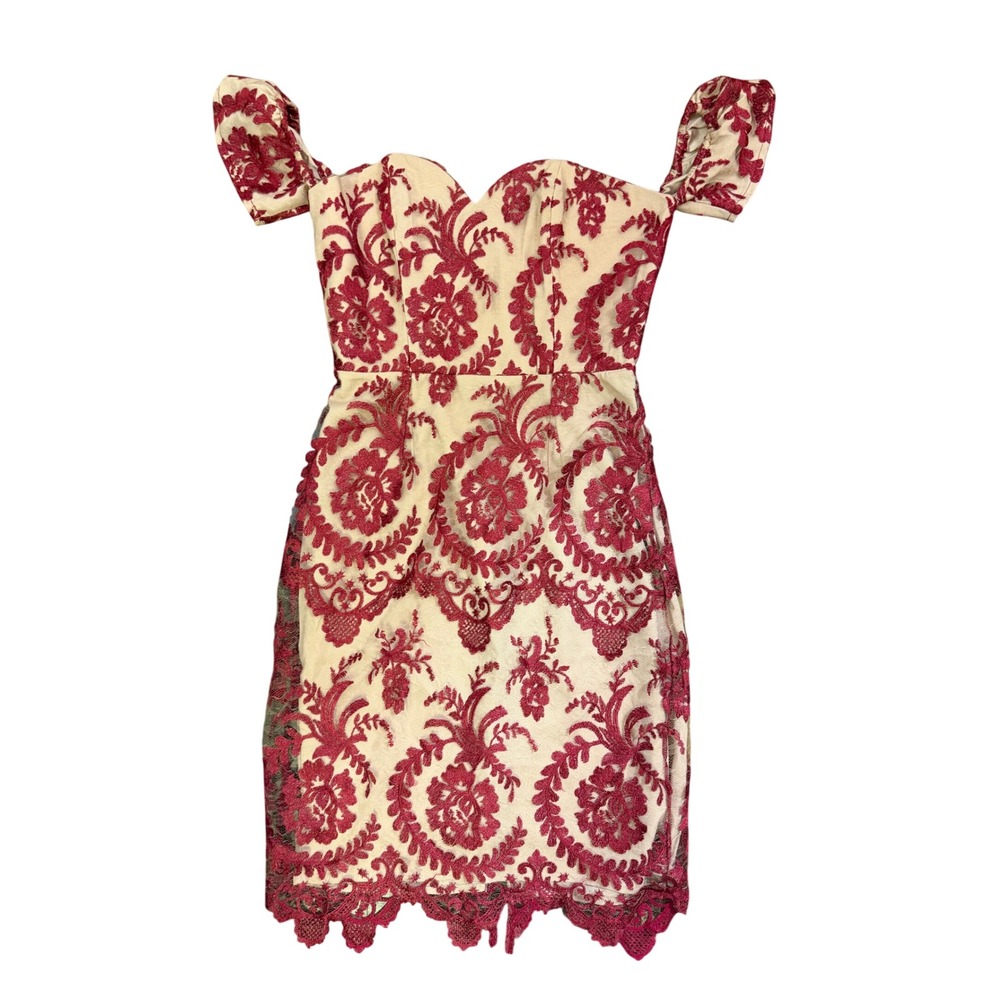 NBD Lace Mini Dress Women Size Small Red Floral Off Shoulder Cocktail